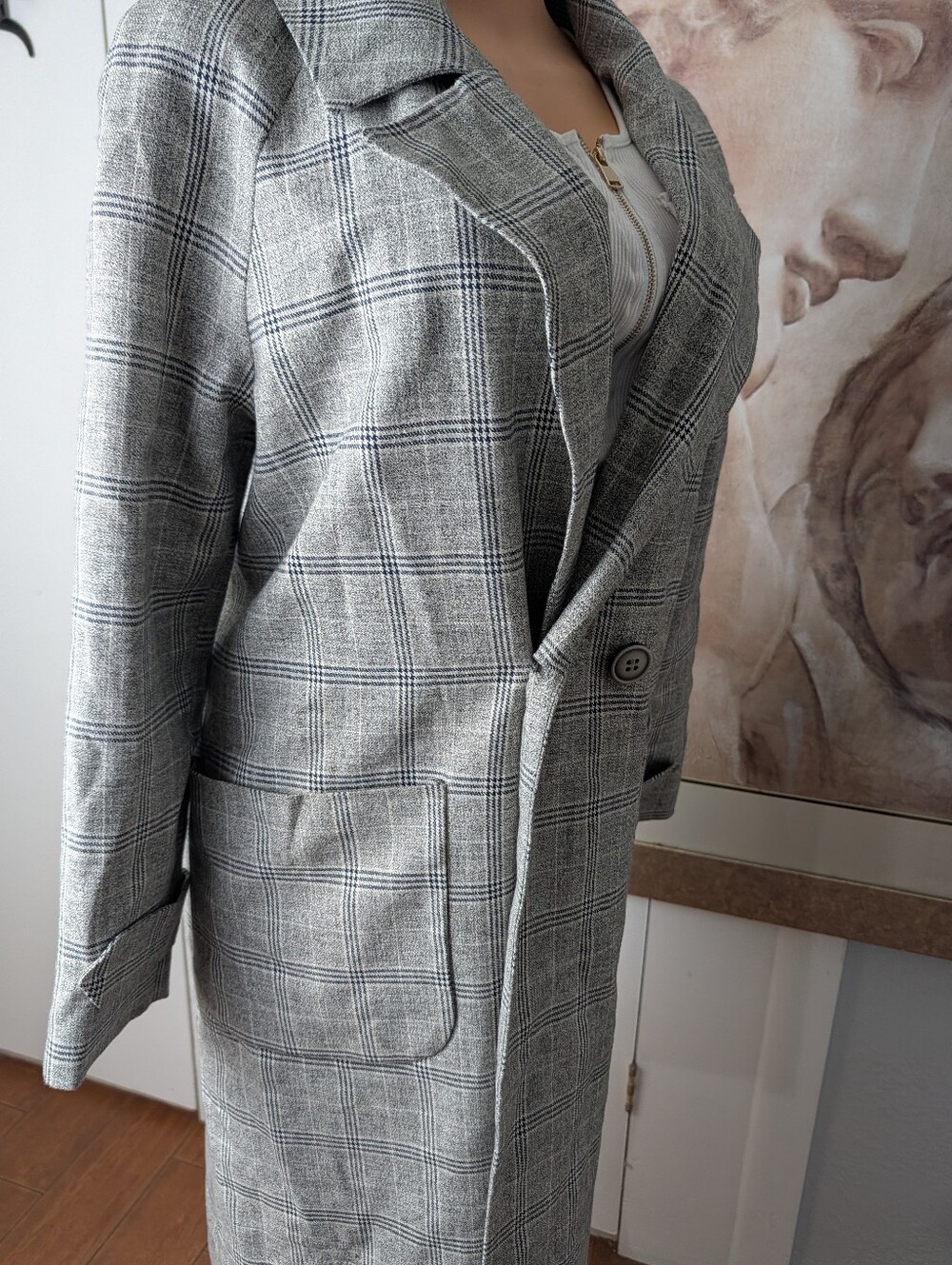 LOB Gray Plaid Long Women's Coat - Classic Tailored Overcoat Size XS 44"Length - Picture 5 of 10